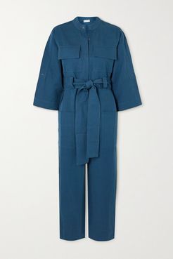 Kiva Cropped Belted Linen And Cotton-blend Twill Jumpsuit - Blue