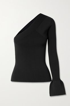 One-sleeve Paneled Ribbed-knit Top - Black
