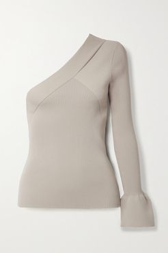 One-sleeve Paneled Ribbed-knit Top - Taupe