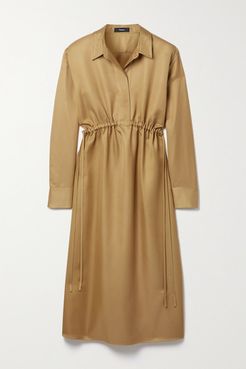 Gathered Satin-twill Shirt Dress - Camel