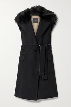 Belted Faux Fur-trimmed Wool And Cashmere-blend Vest - Black