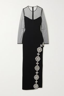 Crystal-embellished Mesh-paneled Stretch-cady Gown - Black