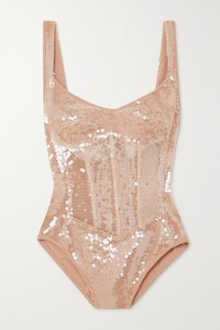 Sequined Tulle And Jersey Bodysuit - Beige