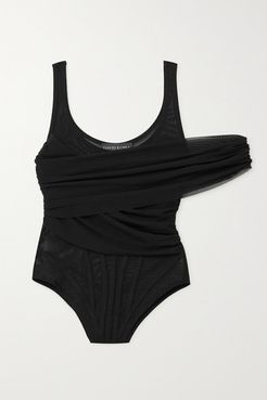 Draped Stretch-tulle Bodysuit - Black