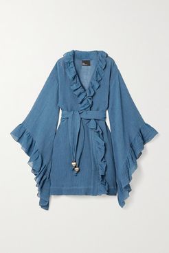 Net Sustain Anita Belted Ruffled Organic Linen-blend Gauze Robe - Blue