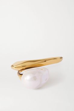 Gold-tone Faux Pearl Two-finger Ring