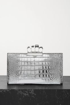 Four Ring Embellished Croc-effect Leather Clutch - Silver