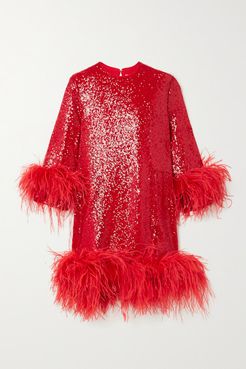 Billie Feather-trimmed Sequined Crepe Mini Dress - Red