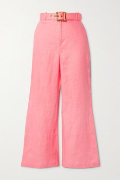 Poppy Belted Cropped Linen Wide-leg Pants - Pink