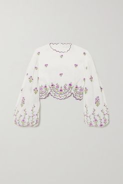 Poppy Cropped Scalloped Embroidered Linen And Ramie Top - Ivory