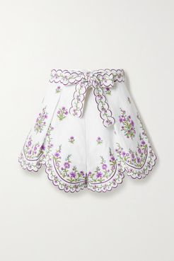 Poppy Belted Scalloped Embroidered Linen Shorts - Ivory