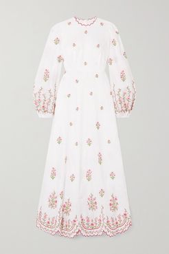 Poppy Scalloped Embroidered Linen Midi Dress - Ivory