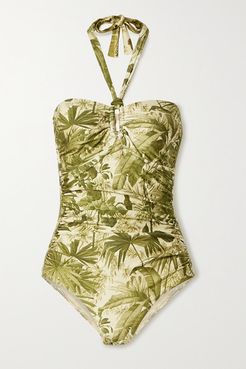 Brighton Ruched Printed Halterneck Swimsuit - Army green