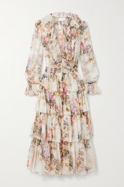 Brighton Ruffled Floral-print Silk-crepon Midi Dress - Ivory