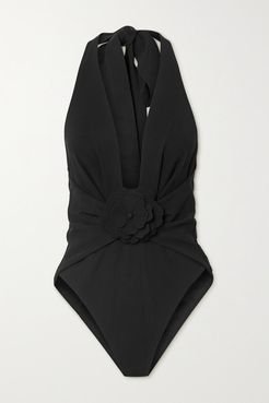 The Lovestruck Appliquéd Gathered Halterneck Swimsuit - Black