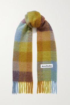 Fringed Checked Knitted Scarf - Yellow