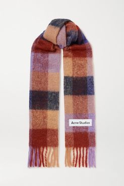 Fringed Checked Knitted Scarf - Brown