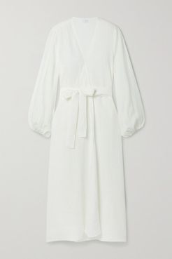 Belted Linen Wrap Dress - White