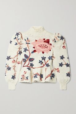 Palma Embroidered Jacquard-knit Peplum Sweater - Ecru
