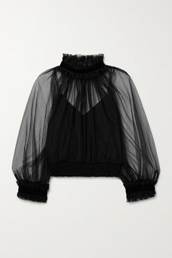 Alice Olivia - Alexia Cropped Velvet-trimmed Ruffled Chiffon Blouse - Black