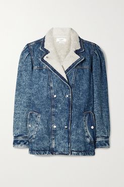 Lucinda Faux Shearling-lined Acid-wash Denim Jacket - Mid denim