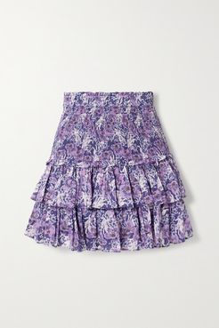 Naomi Shirred Tiered Floral-print Cotton-voile Mini Skirt - Purple