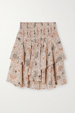 Also Tiered Shirred Printed Cotton-voile Mini Skirt - Ecru