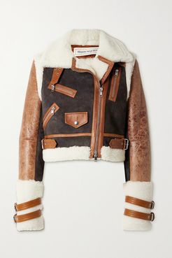 Cropped Shearling, Suede And Textured-leather Jacket - Brown