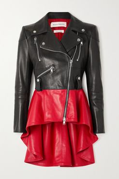 Two-tone Leather Peplum Biker Jacket - Black