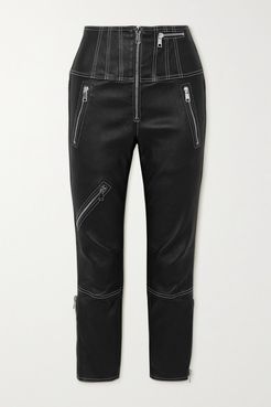 Cropped Zip-embellished Topstitched Leather Leggings - Black