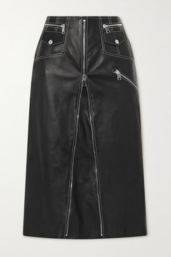 Zip-embellished Topstitched Leather Midi Skirt - Black