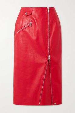 Zip-embellished Leather Midi Skirt - Red