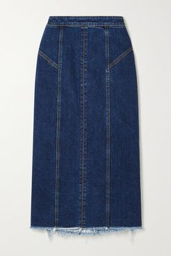 Frayed Denim Midi Skirt - Blue