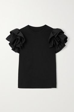 Ruffled Poplin-trimmed Cotton-jersey T-shirt - Black