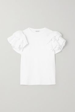 Ruffled Poplin-trimmed Cotton-jersey T-shirt - White