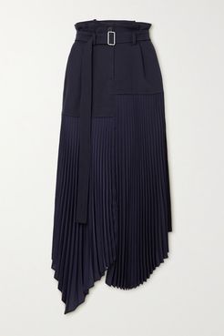 Belted Asymmetric Pleated Crepe And Wool Midi Skirt - Navy