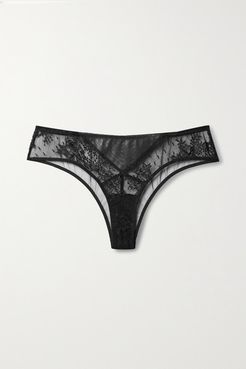 Faux Leather-trimmed Lace And Tulle Briefs - Black