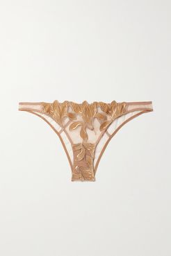 Lily Embroidered Velvet And Stretch-tulle Briefs - Beige