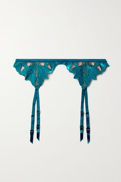 Lily Velvet And Satin-trimmed Embroidered Tulle Suspender Belt - Turquoise