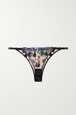 Prisma Satin-trimmed Iridescent Embroidered Tulle Briefs - Black