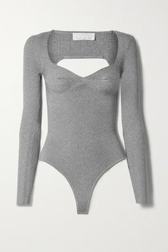 Cutout Ribbed-knit Thong Bodysuit - Gray