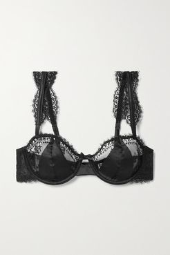 Frankie Satin And Tulle-trimmed Leavers Lace Underwired Balconette Bra - Black