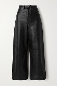 Cropped Leather Wide-leg Pants - Black