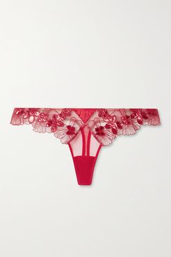 Violet Metallic Lace And Satin-trimmed Stretch-tulle Thong - Red