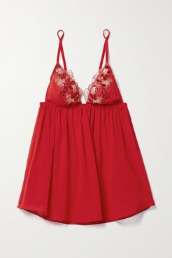 Violet Metallic Lace And Tulle-trimmed Silk Crepe De Chine Camisole - Red