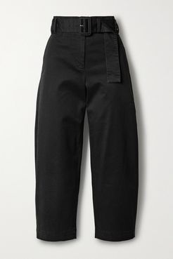 Belted Cropped Cotton-blend Twill Straight-leg Pants - Black