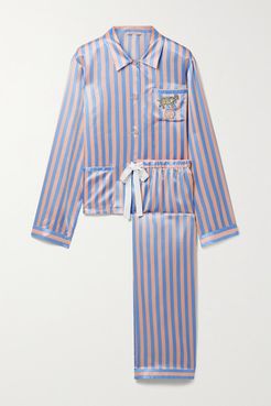 Ruthie Chantal Embellished Embroidered Striped Satin Pajama Set - Pastel pink