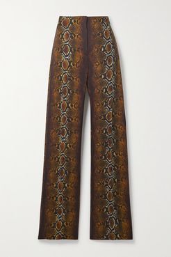 Embellished Snake-print Crepe Wide-leg Pants - Brown