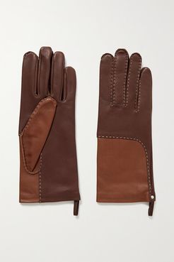 Yaelle Topstitched Two-tone Leather Gloves - Brown
