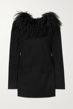 Feather-trimmed Wool-blend Twill Mini Dress - Black